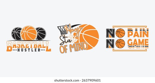 Dynamic basketball graphic design set featuring hoops, balls, and motivational text. Ideal vector collection for t-shirts, prints, and sports branding