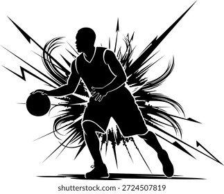 Jugador de baloncesto dinámico que driblea con líneas expresivas, perfecto para proyectos de diseño deportivo que capturan momentos intensos de juego y energía de los atletas.