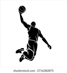 Dinámico jugador de baloncesto saltando con una pelota, ejecutando un slam dunk, representando la acción deportiva y el atletismo.