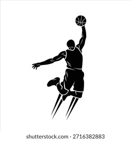 Dinámico jugador de baloncesto saltando alto para un potente golpe. Atleta en el aire con baloncesto, mostrando velocidad y agilidad. Vector de acción deportiva.