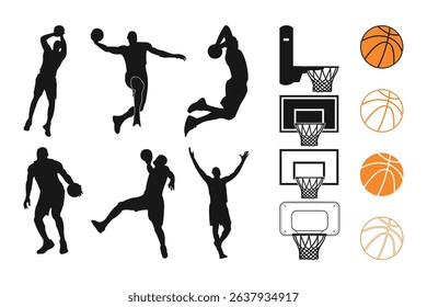 Dynamic Basketball Player Silhouettes with Basketballs and Hoops - Modern Sports Illustration for Action-Packed Posters, T-Shirt Prints, and Digital Projects