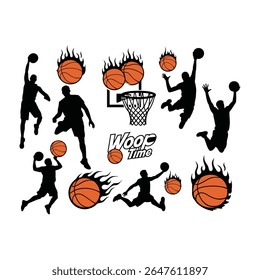 Dynamic basketball players and flaming basketballs vector illustration on white background