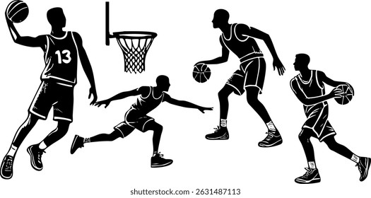 Dynamic basketball players shooting graphic. Vector silhouette illustrations set