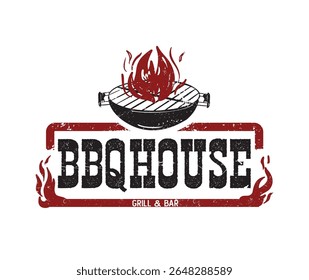 Dynamic BBQ house logo featuring fire over a grill, perfect for barbecue restaurants, grilling gear, smokehouse packaging, food branding, or outdoor cooking promotions and events.