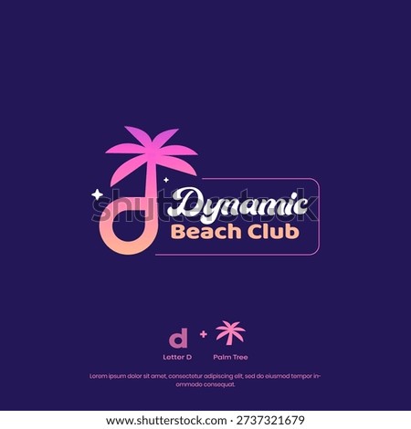 Dynamic Beach Club logo template with a palm tree icon integrated into a letter D in vibrant gradient style, great for beach branding, resort identity, travel clubs, summer events, and tropical nightlife logos.