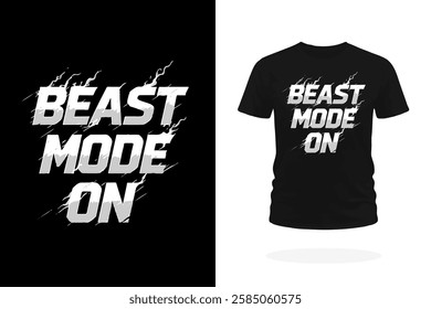 Dynamic Beast Mode ON gym t-shirt design with bold typography. Perfect for fitness enthusiasts, bodybuilders, and athletes. Great for workout apparel, activewear, and sports motivation.