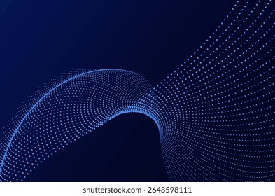 Dinâmico big data azul neon partícula onda pontos tecnologia fundo abstrato. Design futurista com efeito de movimento e profundidade e espaço de cópia.