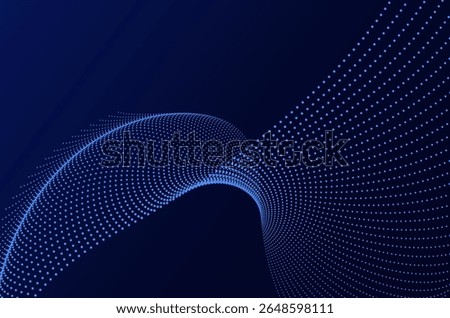 Dynamic big data blue neon particle wave dots technology abstract background. Futuristic design with motion and depth effect and copy space.
