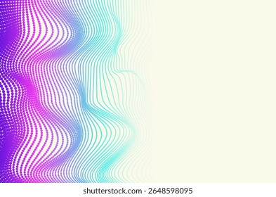 Dinâmico big data colorido neon partícula onda pontos tecnologia fundo abstrato. Design futurista com efeito de movimento e profundidade e espaço de cópia.
