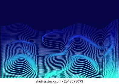 Gradiente dinâmico de big data azul neon partículas onda tecnologia de pontos plano de fundo abstrato. Design futurista com efeito de movimento e profundidade.