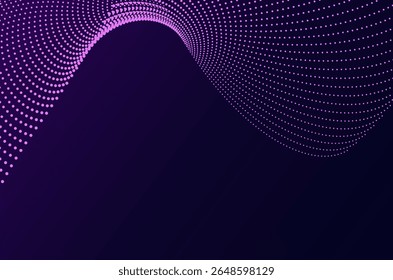Dinâmico big data púrpura neon partícula onda pontos tecnologia fundo abstrato. Design futurista com efeito de movimento e profundidade e espaço de cópia.
