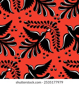 Un pájaro dinámico y patrón floral en negro y rojo. Este atrevido diseño presenta pájaros voladores entrelazados con hojas y puntos que fluyen, ideales para impresiones textiles, empaques y proyectos de Diseño gráfico.