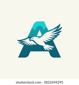 Dynamic bird of prey silhouette soaring across a mountain peak and letter A initial.