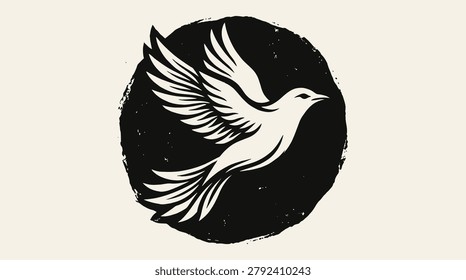 Dynamic bird silhouette featuring detailed feather textures within a circular frame. Perfect for rugged outdoor brands, wildlife conservation, and vintage style logos.