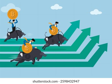 Dynamic Bitcoin Bull Market. Depicting Multiple Businessmen Riding Charging Bulls with Cryptocurrency Coins, Symbolizing Financial Growth, Investment Opportunities, and the Volatile Nature of Digital.