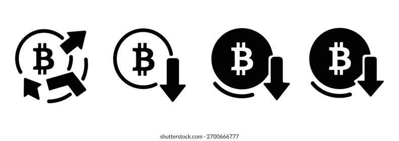 Dynamic Bitcoin icons illustrate fluctuating market trends, downward price movement, and investment cycles, perfect for financial analysis.