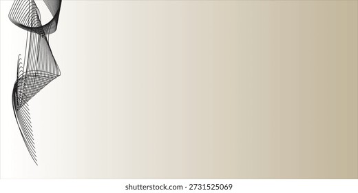 A dynamic black abstract swirl or wave form is prominently featured on the left side of the image, set against a subtle gradient background.