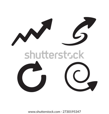 Dynamic black arrows illustration featuring upward zigzag circular spiral and curved motion symbols on a clean white background