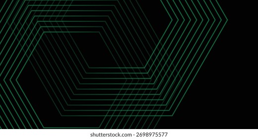 Dynamic black background with abstract green hexagonal line pattern, Vector illustration.