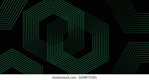 Dynamic black background with abstract green hexagonal line pattern, Vector illustration.