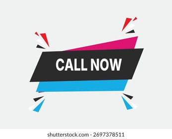 Um banner preto dinâmico com 'CHAME AGORA' em texto branco, em camadas sobre fitas rosa e azul vibrantes com formas geométricas dispersas.