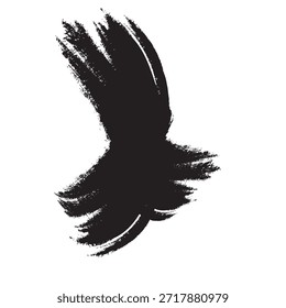 A dynamic black brush stroke forming an abstract shape that evokes the silhouette of a bird in flight.