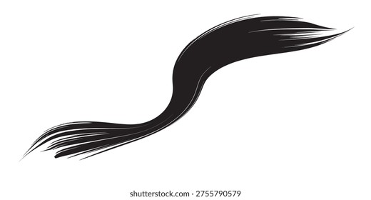 A dynamic black brush stroke forming a graceful swirl, with fine strands fanning out at the ends, suggesting movement and elegance.