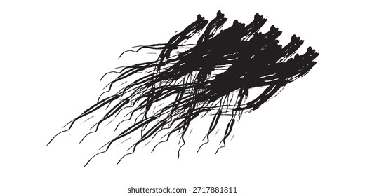 Dynamic black brush strokes with a trailing effect, suggesting movement and energy against a clean white backdrop.