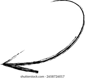 Una flecha de pincelada negra dinámica sobre un fondo blanco se curva suavemente en un bucle ancho, apuntando a la izquierda. El diseño es áspero y expresivo, sugiriendo movimiento o cambio. 