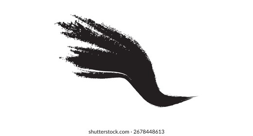 A dynamic black brushstroke with textured edges, creating a flowing, curved shape. The stroke has a rough, expressive texture.