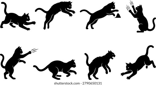 Dynamic black cat silhouettes displaying aggressive and playful behavior with scratching claws and leaping motions