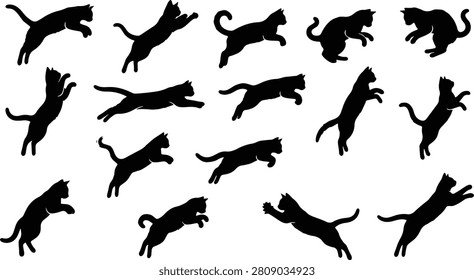 Dynamic black cat silhouettes in various jumping and active poses set