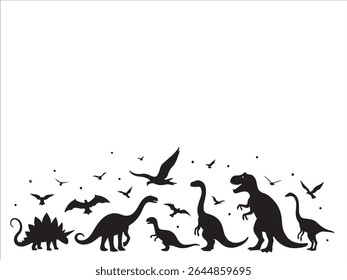 Dynamic black dinosaur silhouettes, including Tyrannosaurus Rex, Stegosaurus, and Brachiosaurus, are depicted in flight with birds and scattered dots against a pristine white background