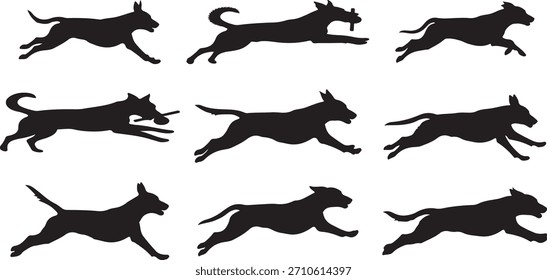 Dynamic black dog silhouettes captured in various running and playing poses, some carrying sticks. Ideal for pet-related designs, logos, active lifestyle themes.
