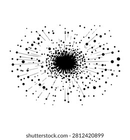 Dynamic black dot explosion with radiating lines and dots creating an abstract pattern on a white background.