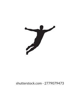 Dynamic black figure in mid-air arms wide expressing triumph and boundless energy. Ideal for sports success and motivational campaigns.