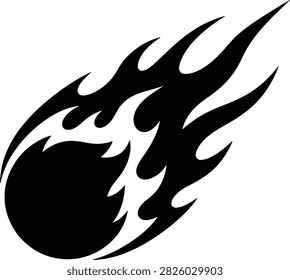Dynamic black fireball and meteor silhouette with sharp flame-shaped trails, designed for gaming, sports, energy, action, fantasy, and graphic illustration projects.