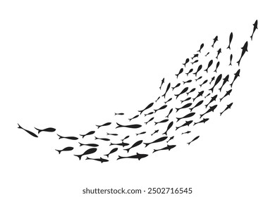 Dynamic Black flock of swimming fish illustration