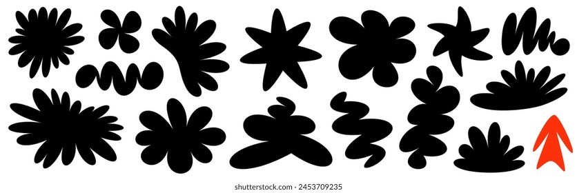 A dynamic black floral silhouette array with a singular vibrant red shape, evoking bold graphic design and artistic flair.