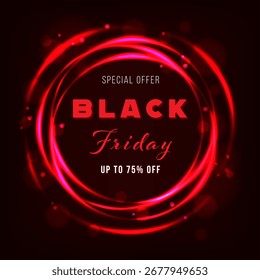 Dynamic Black Friday banner with bold red text, glowing circular light effects, and festive particles. Ideal for flash sales, urgent promotions, and e-commerce campaigns.