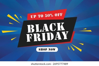 Un Anuncio dinámico de Black Friday con un fondo azul radial y texto en negrita, diseñado para captar la atención y fomentar un ahorro significativo para la temporada navideña.