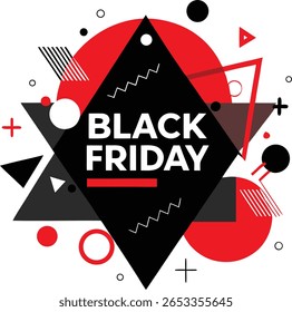 Dynamic black friday promotional graphic featuring bold white text on a vibrant red background with abstract geometric shapes and playful elements