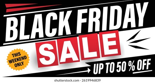 Dynamic Black Friday sale banner with bold slanted text and discount tag. Great for seasonal marketing, online ads, and eCommerce promos.
