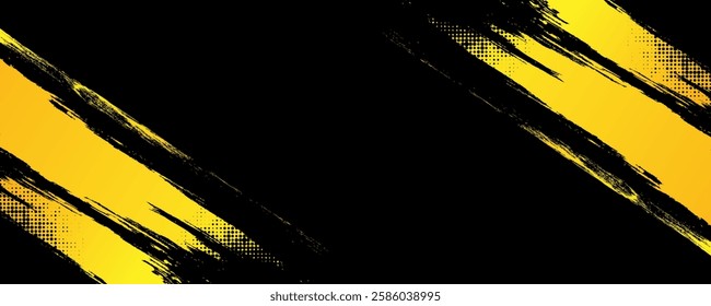 Dynamic black and gold abstract sport background with grunge texture, brush stroke and halftone effect