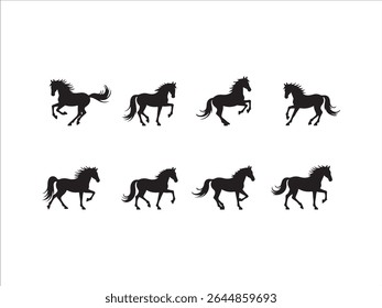 Dynamic black horse silhouettes in various poses demonstrate movement and grace against a pristine white background.