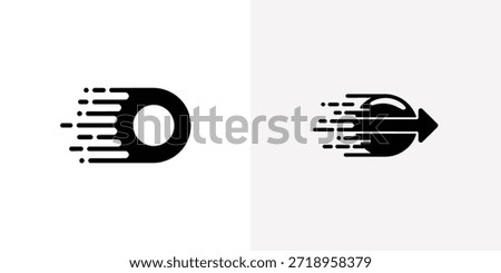 Dynamic black icons depicting a fast-moving letter O and an arrow with motion lines, symbolizing speed and quick progress.