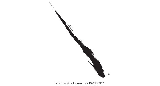 Um traçado de pincel dinâmico de tinta preta, que aparece como uma abertura ou uma listra, contra um plano de fundo branco limpo.