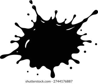 A dynamic black ink or paint splash with intricate drips and smaller splatters, crisply isolated on a clean white background, ideal for graphic design projects.