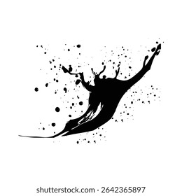 Um splash de tinta preta dinâmica contra um fundo branco apresenta gotas de vários tamanhos e padrões de manchas criando uma sensação de movimento e energia. A textura da tinta é visivelmente fluida e irregular.