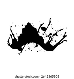 A dynamic black ink splash against a white background. The irregular shapes and splatters create a high-contrast, abstract composition. The texture is rough and uneven.